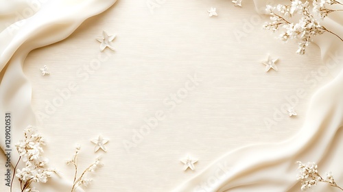 Elegant Cream Silk Fabric Background With Flowers And Stars