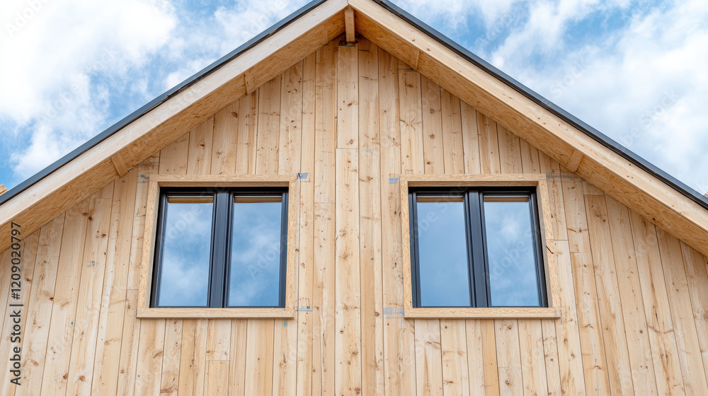 New wooden house with large windows and clear blue sky New wooden house with large windows and clear blue sky