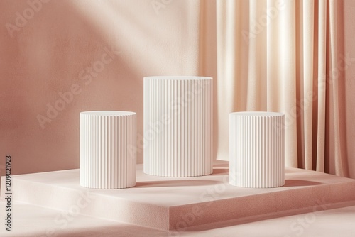 Three white ribbed cylindrical podiums on a pink square platform against a beige curtain backdrop.
