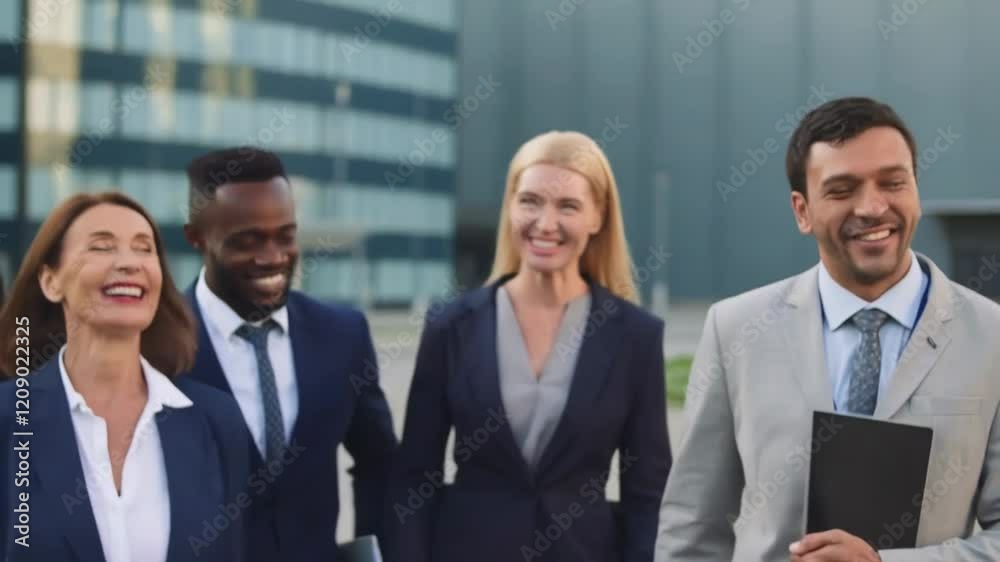 Diverse business team walking and talking together Diverse business team walking and talking together