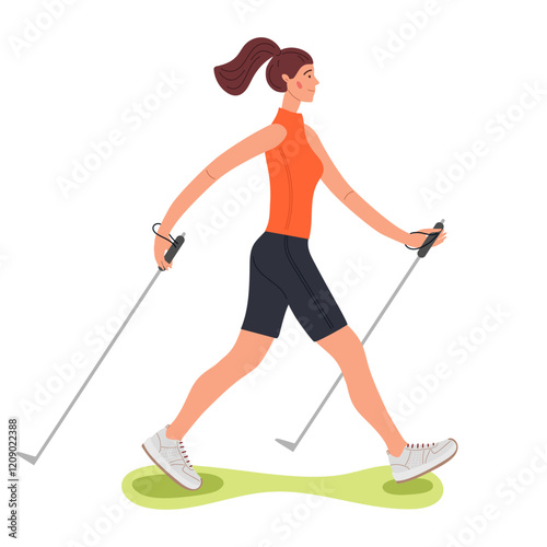 Nordic walking. Girl wearing sportswear and sneakers is doing sports. Scandinavian walking. Nordic walking with special poles. Healthy lifestyle, leisure time, outdoor sport. Flat cartoon vector