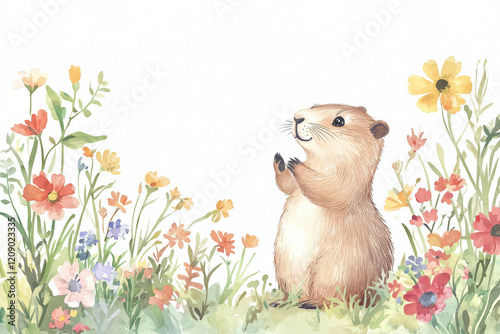 Wallpaper Mural Watercolor Illustration Groundhog Themed, Adorable groundhog standing among colorful wildflowers in serene setting Torontodigital.ca