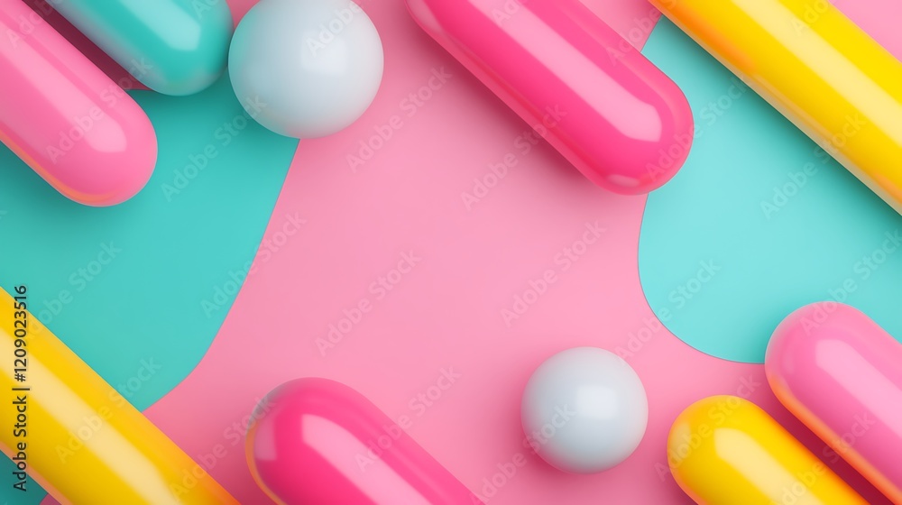Colorful geometric shapes and spheres on a vibrant pastel background for creative design or advertising use Colorful geometric shapes and spheres on a vibrant pastel background for creative design or advertising use