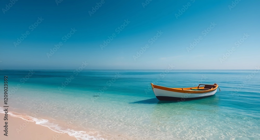 Naklejka premium A colorful boat is anchored on the beach, surrounded by soft sand and the sparkling ocean in the background