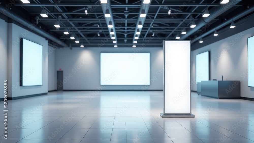 Trade Show Banner Mockup, Contemporary hall visible screens empty banner in front photorealistic Trade Show Banner Mockup, Contemporary hall visible screens empty banner in front photorealistic