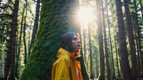 Woman in Yellow Raincoat Standing by Mossy Tree Footage