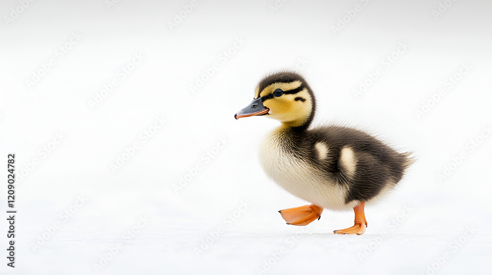Tiny Duckling Takes a Step: A cute duckling with yellow and brown feathers and orange webbed feet takes its first wobbly steps in a charming and endearing image. Tiny Duckling Takes a Step: A cute duckling with yellow and brown feathers and orange webbed feet takes its first wobbly steps in a charming and endearing image.