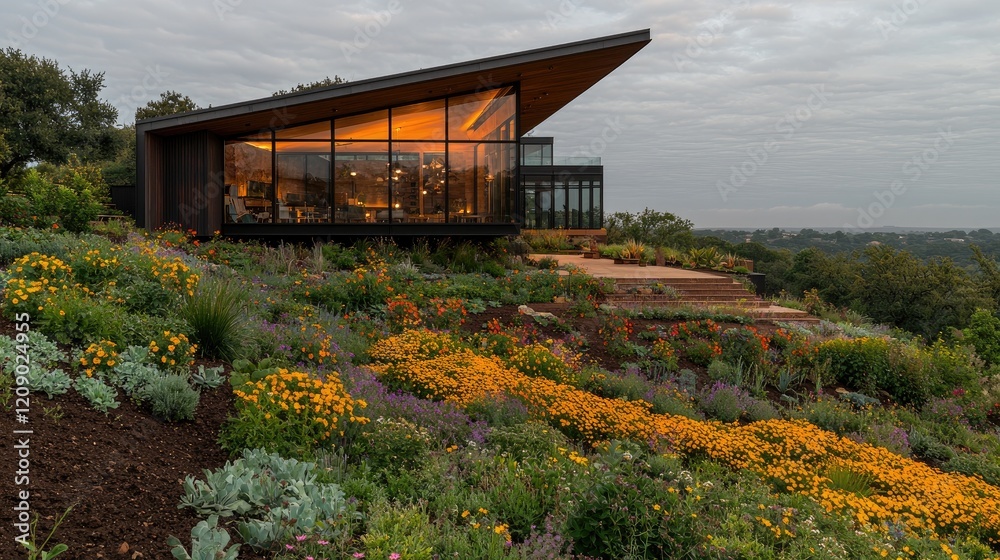 Fototapeta premium Modern architectural house with a slanted roof and large glass windows glowing at dusk, situated on a lushly landscaped hillside with yellow flowers.