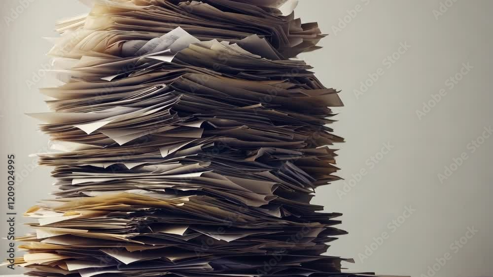 Stack of disorganized papers piled high on a desk during a busy workday in an office setting