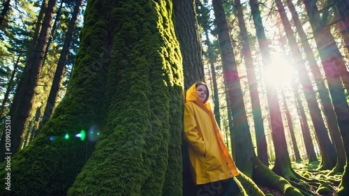 Woman in Yellow Raincoat Embracing Nature Scene Footage in Lush Forest