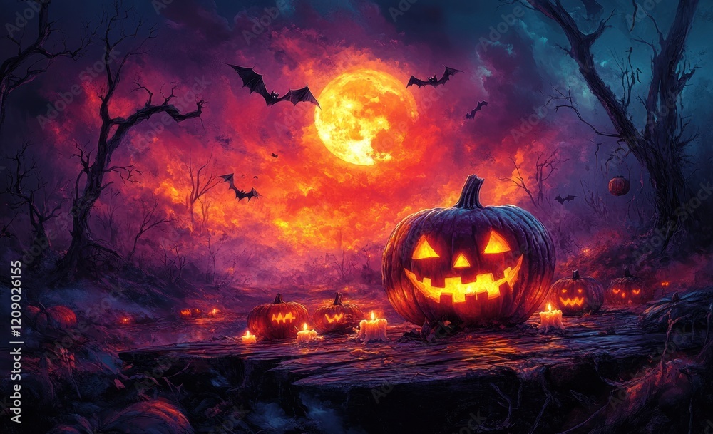 Halloween Night Scene With Full Moon Haunted Forest Carved Pumpkins Glowing Candles Shadows Bats Halloween Night Scene With Full Moon Haunted Forest Carved Pumpkins Glowing Candles Shadows Bats
