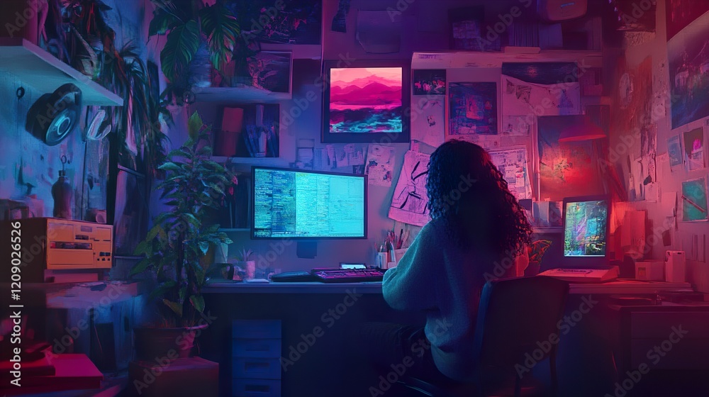Cyberpunk Girl Coding in a Neon-Lit Room Cyberpunk Girl Coding in a Neon-Lit Room