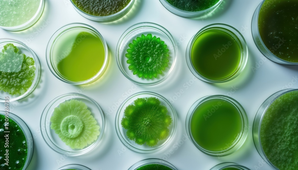 Algae samples in petri dishes displayed in top-down view, illustrating biofuel research in lab setting. Various algae specimens suggest scientific study of microalgae, macroalgae for renewable Algae samples in petri dishes displayed in top-down view, illustrating biofuel research in lab setting. Various algae specimens suggest scientific study of microalgae, macroalgae for renewable