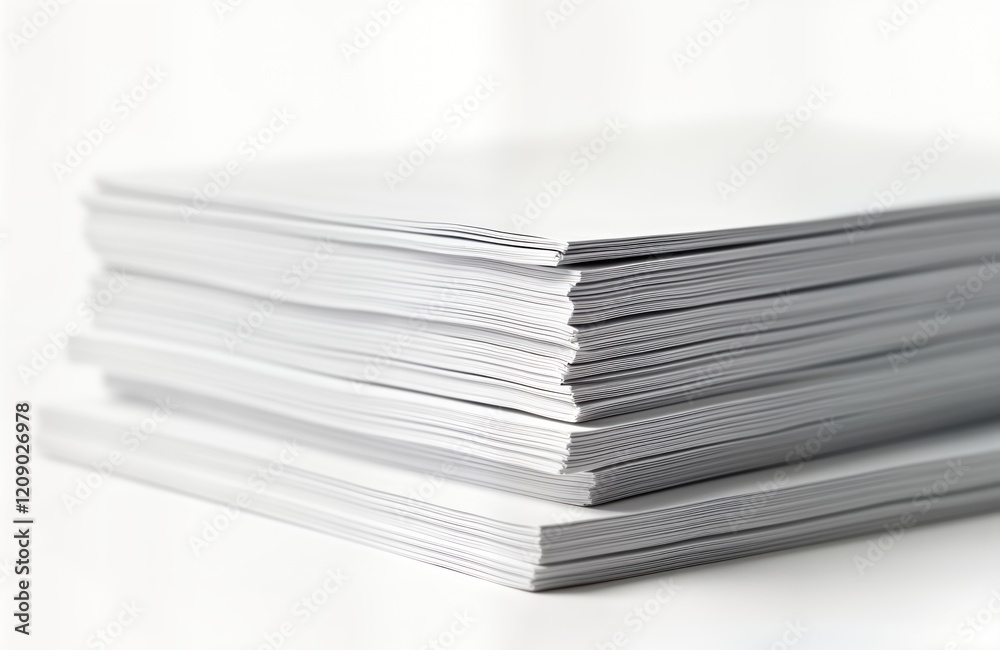 Stack of white papers sits isolated on white background. Sheets of paper densely packed together. Stack of paper potential information knowledge. Close-up view emphasizes texture, structure of stack. Stack of white papers sits isolated on white background. Sheets of paper densely packed together. Stack of paper potential information knowledge. Close-up view emphasizes texture, structure of stack.