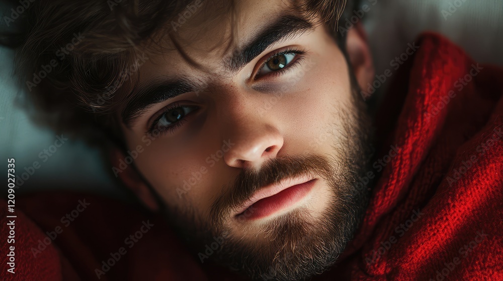Close-up photograph of a male student with tousled hair, wearing a red hoodie, displaying deep-set eyes and a subtle expression, indoors. Close-up photograph of a male student with tousled hair, wearing a red hoodie, displaying deep-set eyes and a subtle expression, indoors.