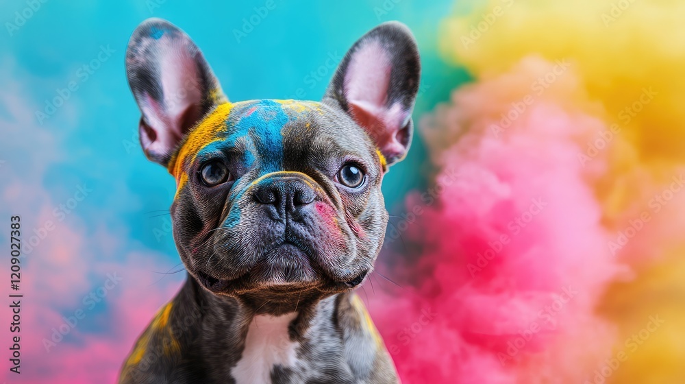 Fototapeta premium French Bulldog in colorful carnival attire, set against a bright powdery backdrop of blue, yellow, and pink hues.
