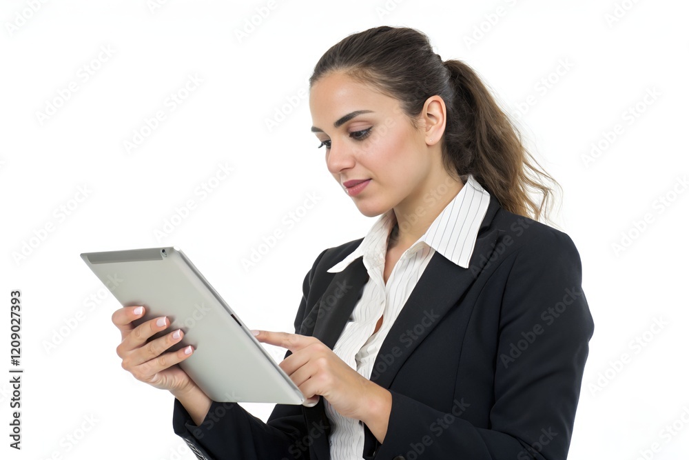 Young businesswoman working on a tablet, isolated on white background Young businesswoman working on a tablet, isolated on white background