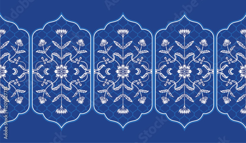 Mughal borders pattern blue and white floral, motifs and borders beautiful vintage arts flowers, style  borders with flowers and foliage. Vector illustration