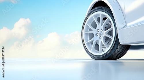 A detailed shot of a car's wheels and tires, with emphasis on the tread pattern and design. photo