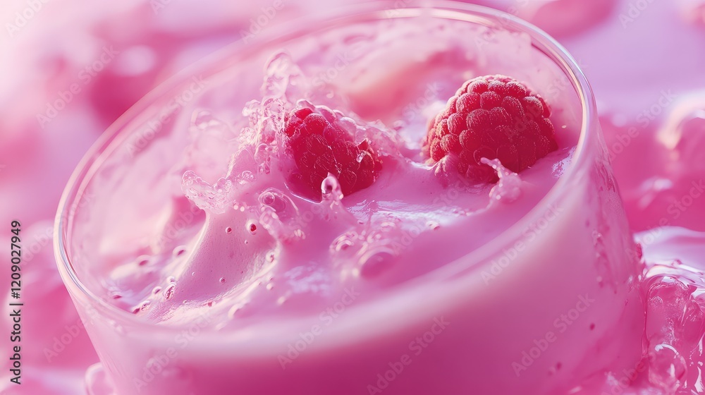 Fresh raspberry smoothie splash in a clear glass on a vibrant pink background macro shot, highlighting juicy raspberries and creamy texture. Fresh raspberry smoothie splash in a clear glass on a vibrant pink background macro shot, highlighting juicy raspberries and creamy texture.
