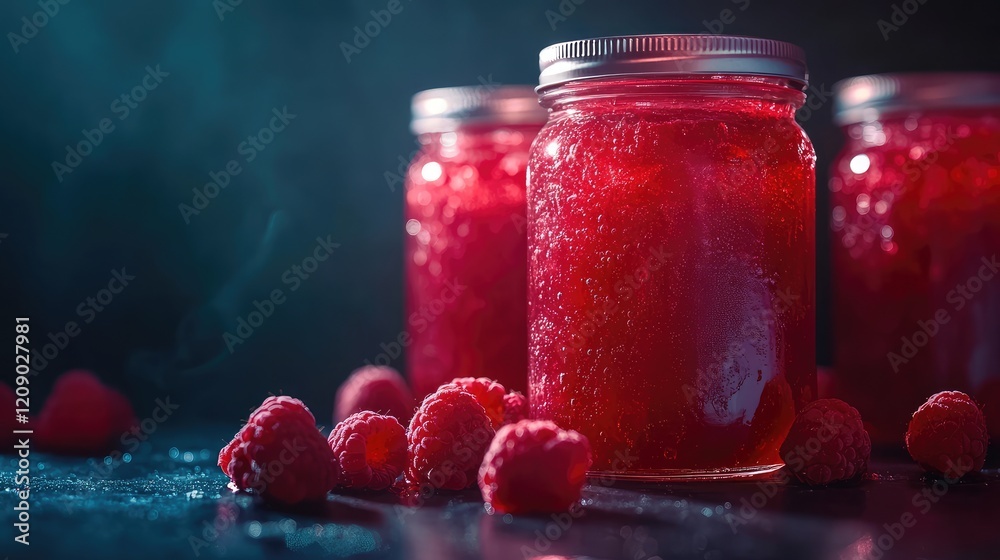 Raspberry Smoothies in Glass Jars with Fresh Raspberries on Dark Background with Blue Lighting for Healthy Lifestyle and Detox Concept Raspberry Smoothies in Glass Jars with Fresh Raspberries on Dark Background with Blue Lighting for Healthy Lifestyle and Detox Concept