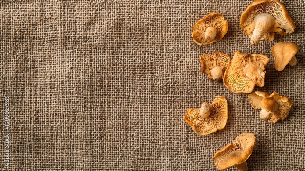 Fresh Golden Chanterelle Mushrooms on Natural Burlap Fabric Background with Earthy Tones and Rustic Textures in a Culinary Setting Fresh Golden Chanterelle Mushrooms on Natural Burlap Fabric Background with Earthy Tones and Rustic Textures in a Culinary Setting