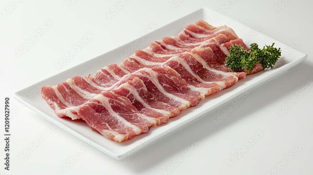 Freshly sliced raw bacon strips elegantly arranged on a pristine white plate, complemented by a vibrant green parsley garnish, against a clean white background. Freshly sliced raw bacon strips elegantly arranged on a pristine white plate, complemented by a vibrant green parsley garnish, against a clean white background.