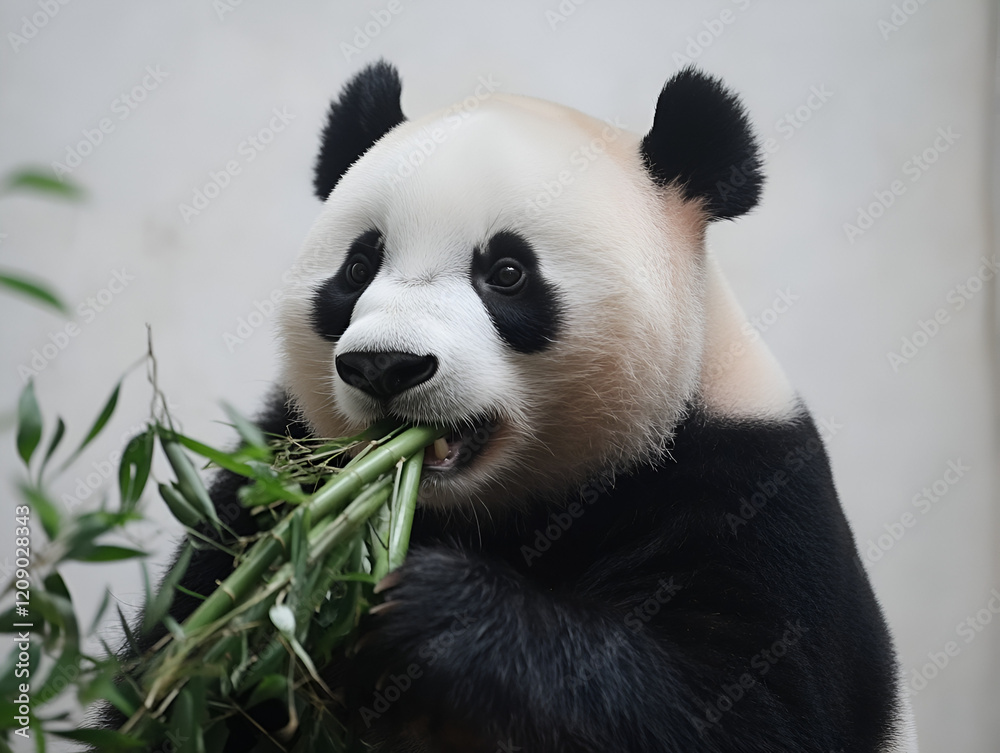 Panda Feasting on Bamboo: A close-up shot of an adorable giant panda engrossed in its favorite meal—fresh bamboo shoots. Its expressive face and fluffy fur are beautifully captured in detail. Panda Feasting on Bamboo: A close-up shot of an adorable giant panda engrossed in its favorite meal—fresh bamboo shoots. Its expressive face and fluffy fur are beautifully captured in detail.