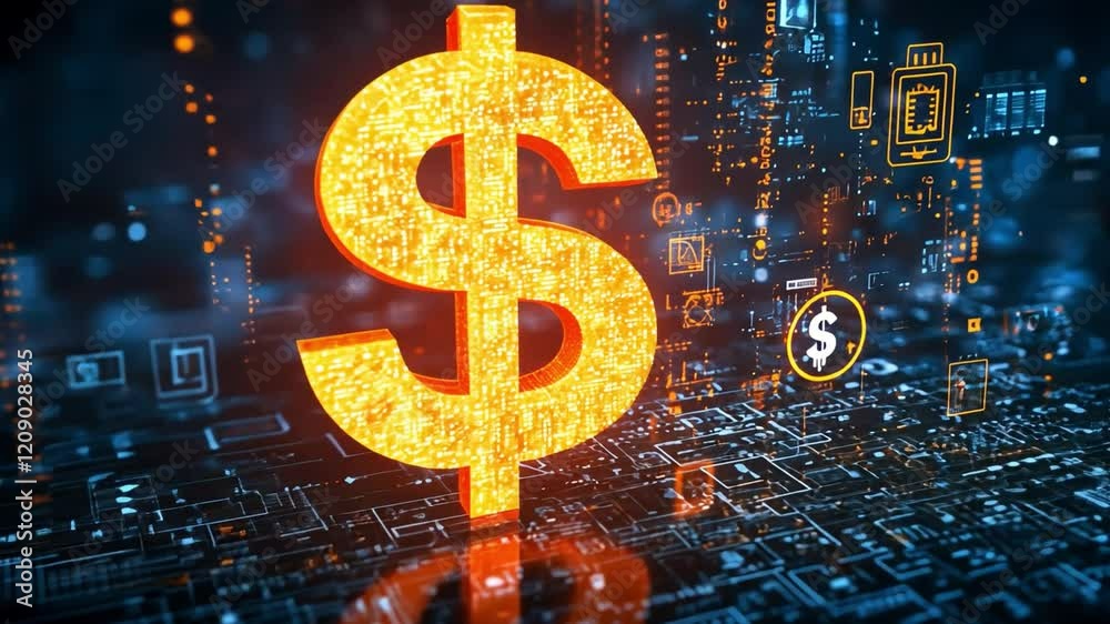 Fiery Dollar Sign in Cyberspace: A glowing, fiery dollar sign dominates the scene, set against a backdrop of intricate circuit boards and digital data streams. Fiery Dollar Sign in Cyberspace: A glowing, fiery dollar sign dominates the scene, set against a backdrop of intricate circuit boards and digital data streams.