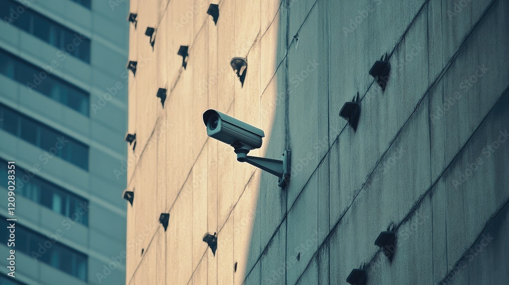 Security camera mounted on building wall illustrating surveillance technology and urban security measures in modern architecture. Security camera mounted on building wall illustrating surveillance technology and urban security measures in modern architecture.