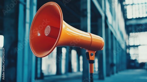 Orange plastic megaphone in industrial setting with blurred background highlighting public speaking and communication themes photo