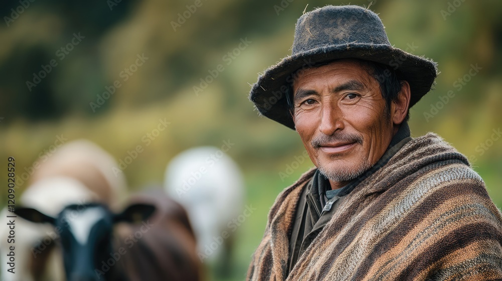 Portrait of a Shuar herdsman in traditional attire showcasing cultural heritage and connection to livestock in a natural setting Portrait of a Shuar herdsman in traditional attire showcasing cultural heritage and connection to livestock in a natural setting