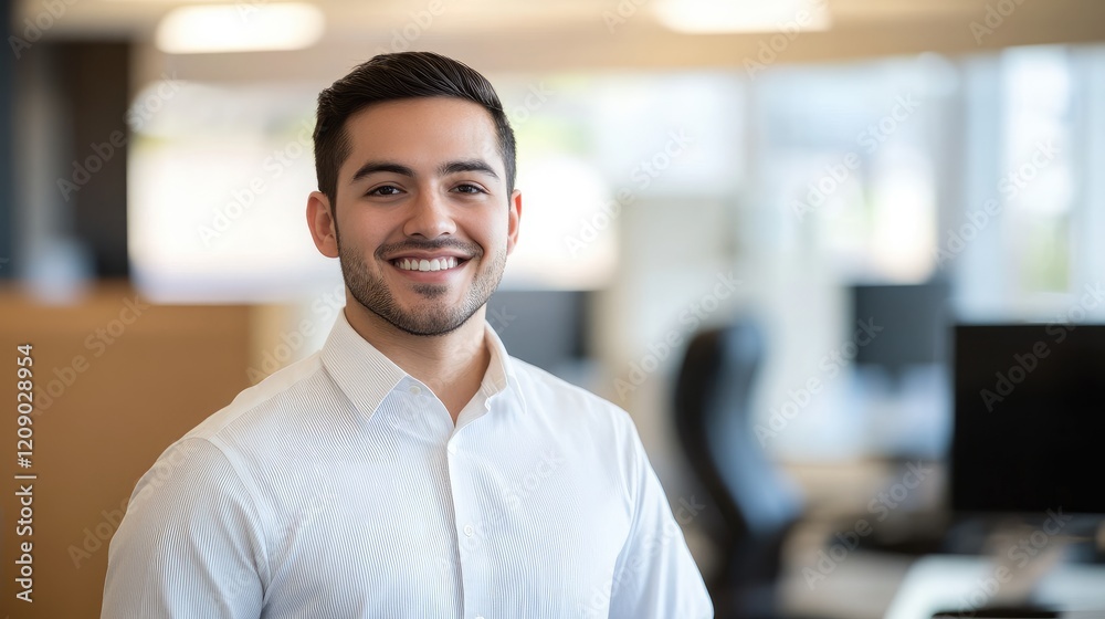 Obraz premium Smiling male call center agent in office environment showcasing professionalism and approachability in modern workspace.