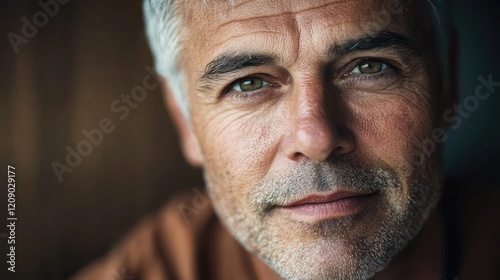 Close-up Shot of Mature Caucasian Male with Grey Hair and Defined Wrinkles Facing the Camera, Soft Natural Lighting, Wooden Background photo