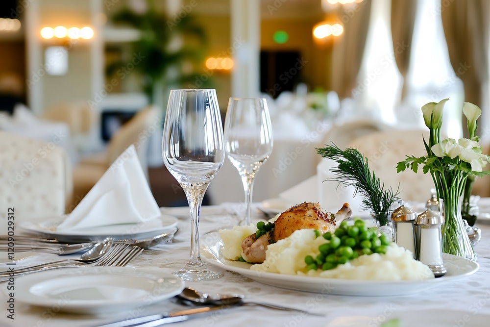 Fototapeta premium Elegant Restaurant Dinner Setting with Roasted Chicken and Mashed Peas