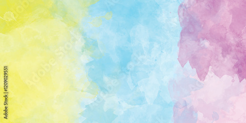 Colorful watercolor background of abstract sunset sky with puffy clouds in bright rainbow colors, Abstract pastel color watercolor for background