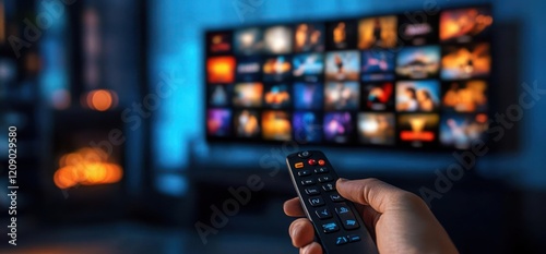 Hand Holding Remote Control in Front of Television Displaying Movie Thumbnails with Soft Ambient Lighting