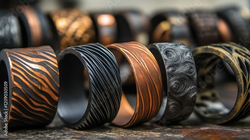 Stylish handcrafted rings showcasing black titanium, copper, and molybdenum with dark metallic finishes arranged on a rustic wooden surface
