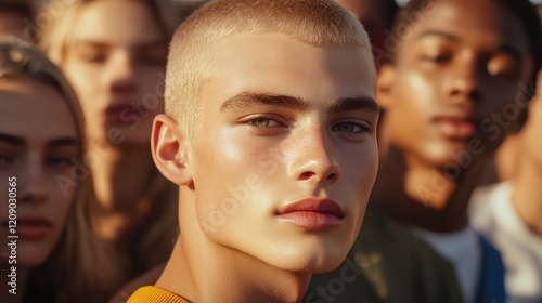 Stylish portrait of a young male fashion model with a blond crewcut and friends in soft sunlight, showcasing diverse skin tones and vibrant outdoor colors