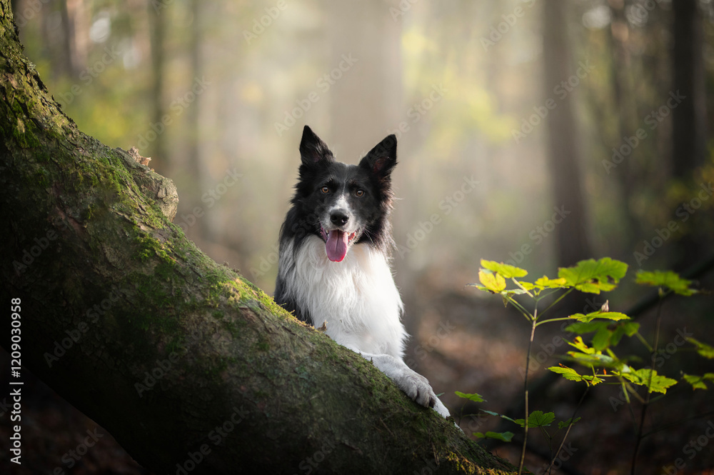 Obraz premium Portrait of a border collie clinging to a log of wood in the forest. image