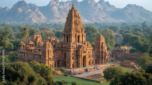 Ancient temple sunrise, mountain backdrop, tourist visit, travel brochure