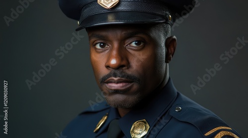 Close-up portrait of a confident African American male police officer in a dark navy uniform and cap with a serious expression against a muted background.