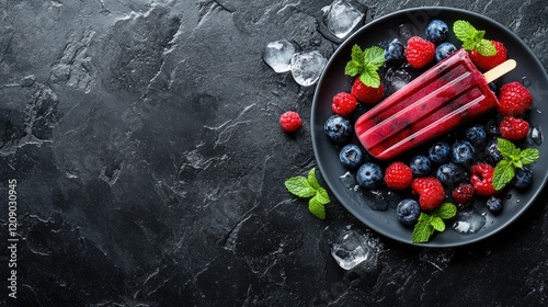 Colorful raspberry and blueberry popsicle on a bright ceramic plate with fresh raspberries blueberries mint leaves and ice cubes on a dark stone background Healthy summer treat concept with ample copy photo