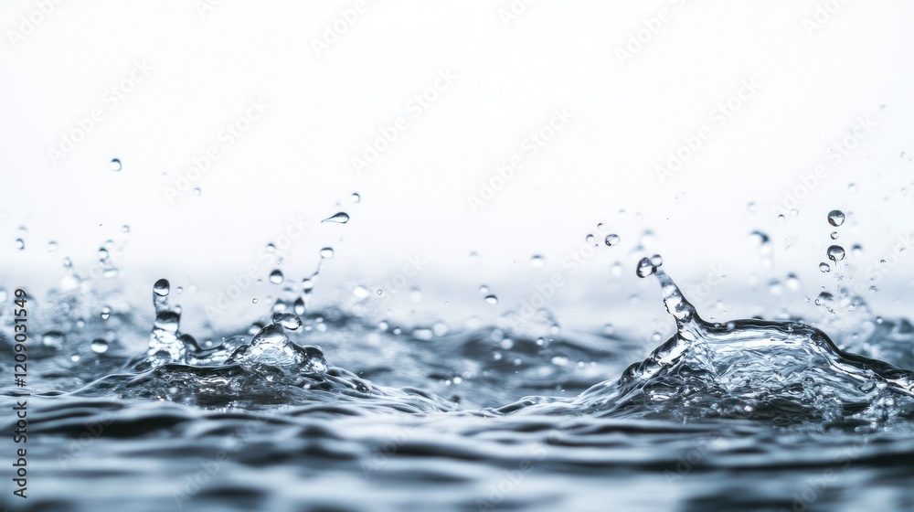 Gentle rainwater splashes creating ripples on a serene white background in a tranquil natural setting Gentle rainwater splashes creating ripples on a serene white background in a tranquil natural setting