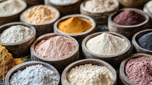 Colorful Natural Powders in Round Wooden Bowls for AI Project Development on Dark Background