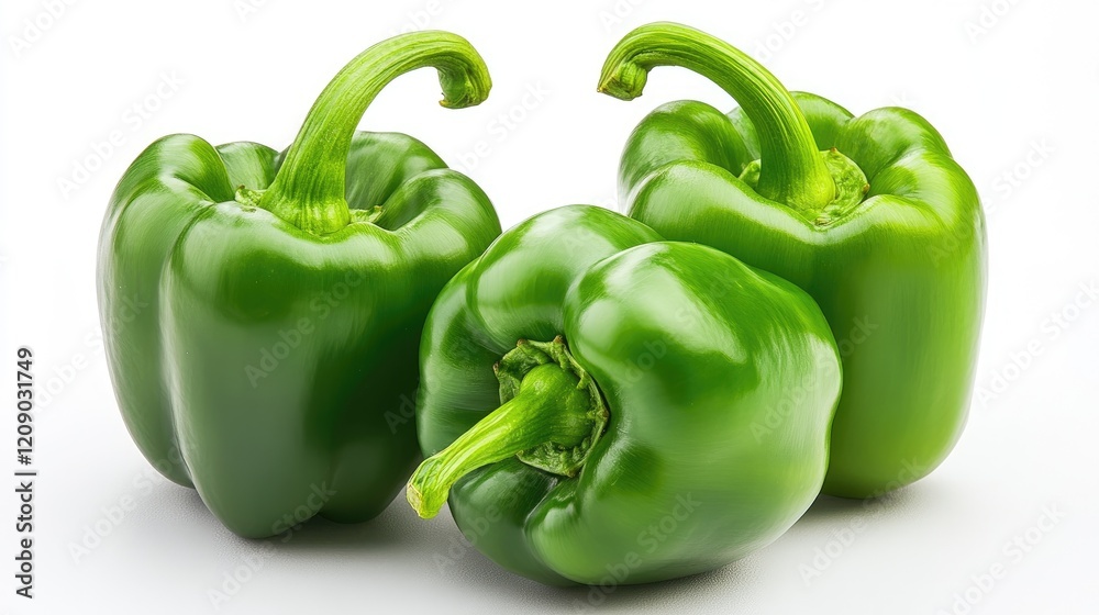 Fresh green bell peppers arranged artistically on a white background showcasing their vibrant color and glossy texture. Fresh green bell peppers arranged artistically on a white background showcasing their vibrant color and glossy texture.