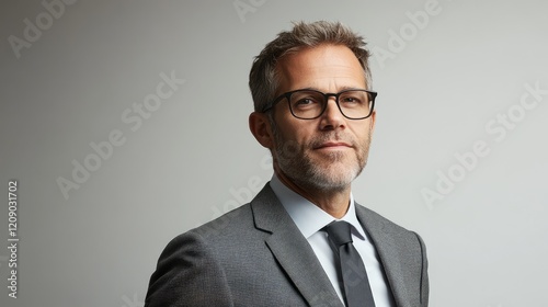 Businessman in grey suit and eyeglasses posing confidently against a plain light backdrop, highlighting professional demeanor and style.