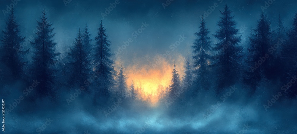 Surreal Landscape with Dark Blue Mist and Glowing Light in a Mystical Digital Painting Style Surreal Landscape with Dark Blue Mist and Glowing Light in a Mystical Digital Painting Style