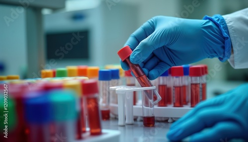 Lab tech sorts blood samples in test tubes. Technician wears gloves. Modern lab setting. Medical analysis process. Health care environment. Specimen handling. Clinical diagnostic testing. Blood test