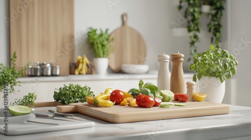 Modern kitchen overhead fresh veggies and bright atmosphere